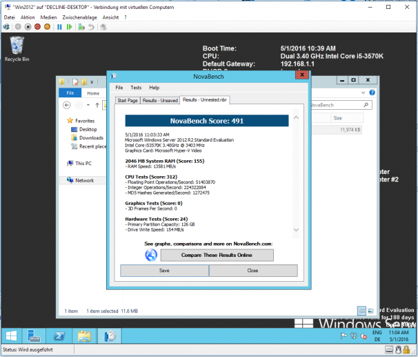 Testergebnisse ohne Nested Virtualization