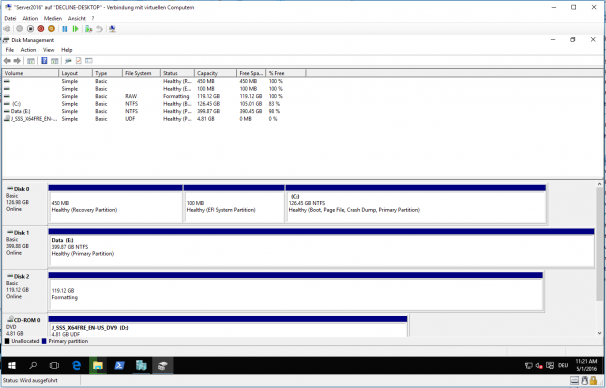 Disk Management der Server 2016 VM