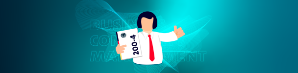 Illustration einer Person im Anzug mit roter Krawatte, die ein Dokument mit der Aufschrift „200-4“ und Bundesadler-Emblem in der Hand hält und den Daumen hoch zeigt – Symbolbild für regulatorische Vorgaben oder IT-Compliance.