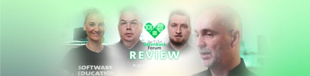 Mehrere Personen, darunter IT-Expert:innen und Vortragende, vor grünlichem Hintergrund mit dem Schriftzug „Datenbank Forum REVIEW“ – Szenen aus einer Veranstaltung zum Thema Datenbanktechnologien und Softwareentwicklung.