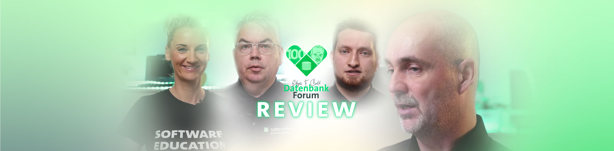 Mehrere Personen, darunter IT-Expert:innen und Vortragende, vor grünlichem Hintergrund mit dem Schriftzug „Datenbank Forum REVIEW“ – Szenen aus einer Veranstaltung zum Thema Datenbanktechnologien und Softwareentwicklung.