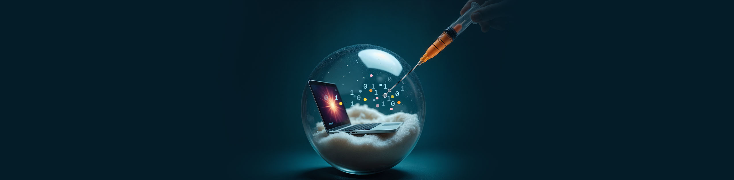 header penetration testing Die Membran einer Blase wird von einer Nadel einer Spritze durchstochen, die Schadcode in das Innere der Blase injiziert. Im Inneren der Blase befindet sich ein aufgeklappter Laptop mit leuchtendem Display, der vollständig von der Membran der Blase umschlossen wird. Die Blase befindet sich in der Bildmitte, die Spritze kommt senkrecht von oben. Super detailierte Nahaufnahme der Nadel in der Membran der Blase vor tief dunklem türkisfarbenen bis bläulichen Hintergrund.