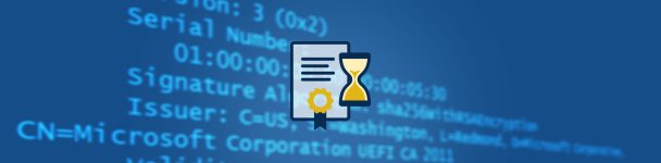 Symbolische Darstellung eines digitalen Zertifikats mit Sanduhr vor einem blau verschwommenen Hintergrund mit technischem Text, der Begriffe wie „Serial Number“, „Signature Algorithm“ und „Microsoft Corporation“ enthält.