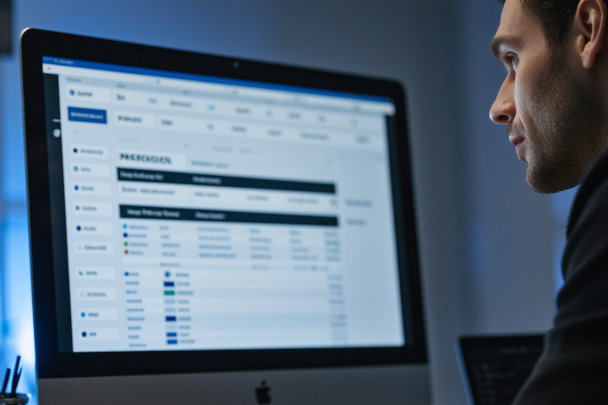 Eine Person schaut auf einen Computerbildschirm auf dem ein Projektverwaltungstools mit strukturierter Datenablage zu sehen ist.