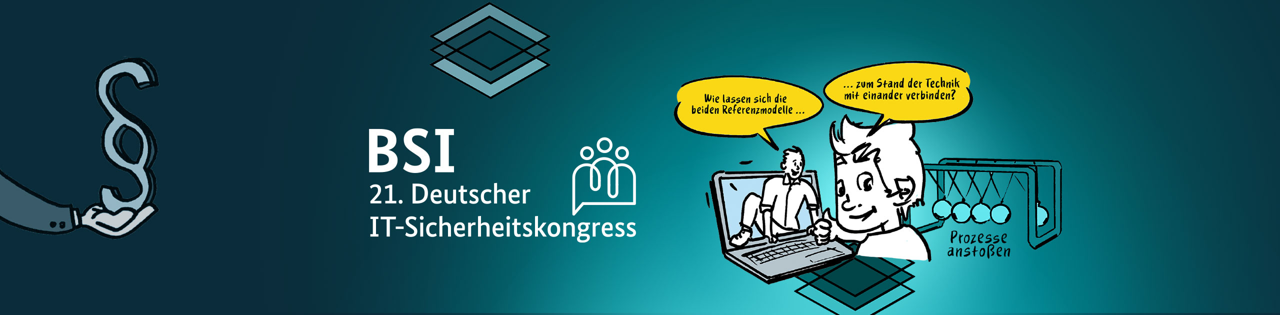 Headergrafik zum BSI 21. Deutschen IT-Sicherheitskongress mit Symbolen für Recht, IT-Sicherheit und Prozessverknüpfung zwischen Referenzmodellen.