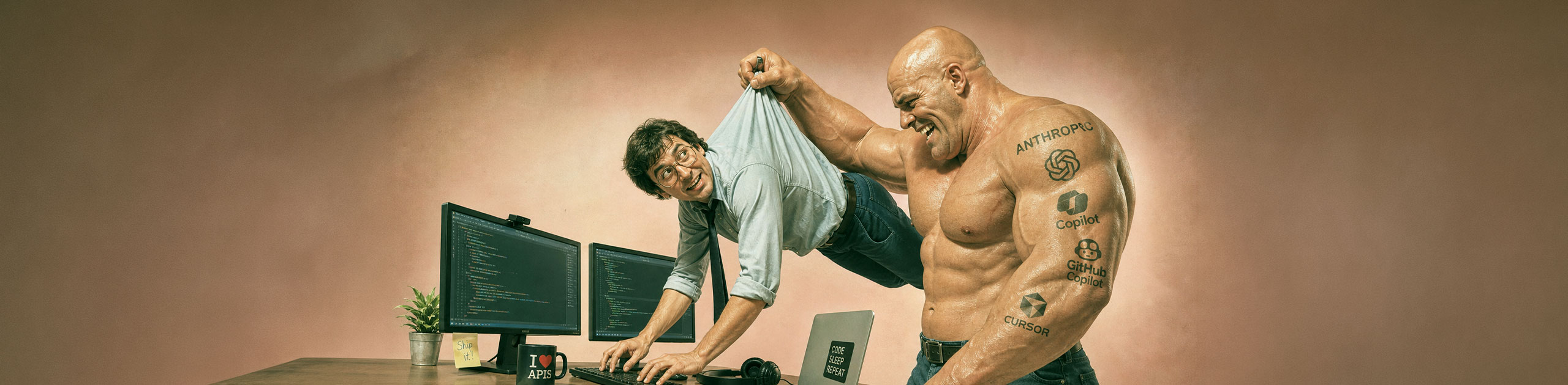 Ein übergroßer, muskulöser Bodybuilder mit KI-Tool-Tattoos (Anthropic, ChatGPT, Copilot, GitHub Copilot, Cursor) zieht einen Software-Entwickler am Hemdkragen hoch, während dieser weiter auf der Tastatur tippt.